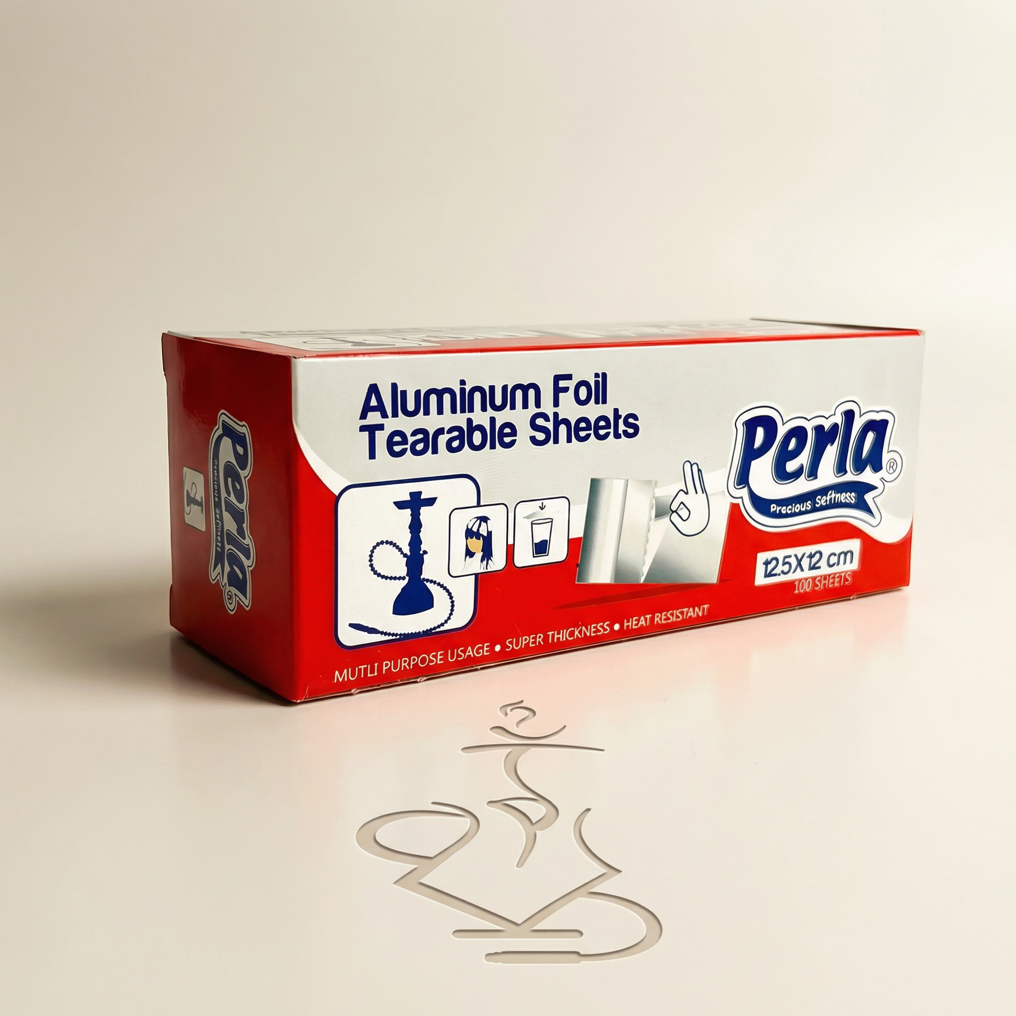Perla Heavy-Duty Shisha Foil dispenser box with 100 pre-cut 30-micron aluminium sheets, 12.5x12cm format, photographed on a warm studio background.