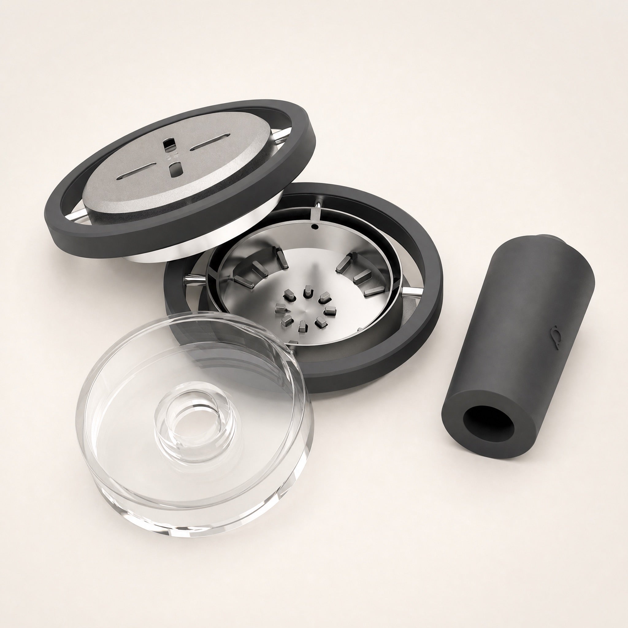 Quasar Raas 2 disassembled: borosilicate glass bowl, vented heating cap and silicone connector laid out