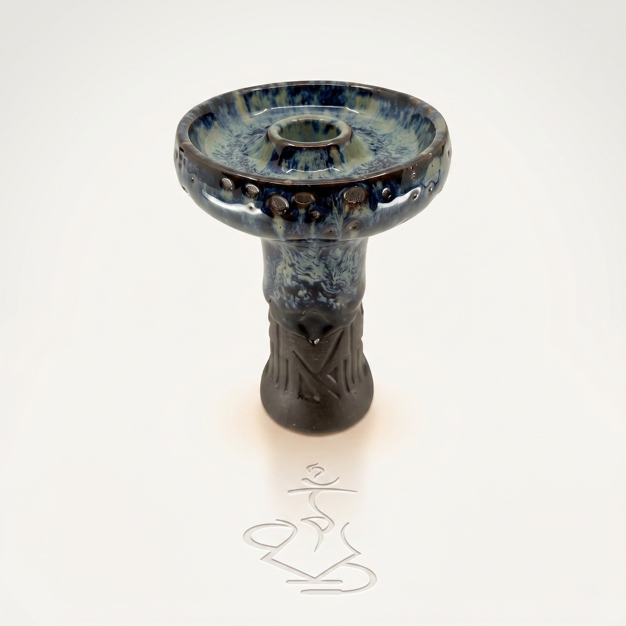 Queen phunnel bowl in Frozen on warm white studio sweep — glossy blue-teal reactive drip glaze, carved stem, The Premium Way.