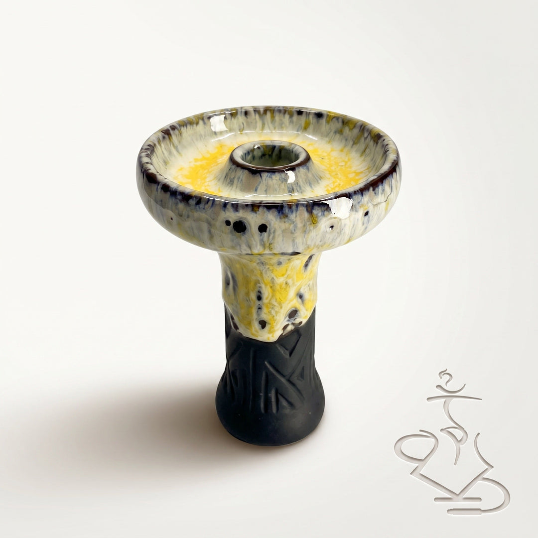 Queen phunnel shisha bowl in Sunlight, bright yellow and cream glaze with black speckles on a dark carved stem