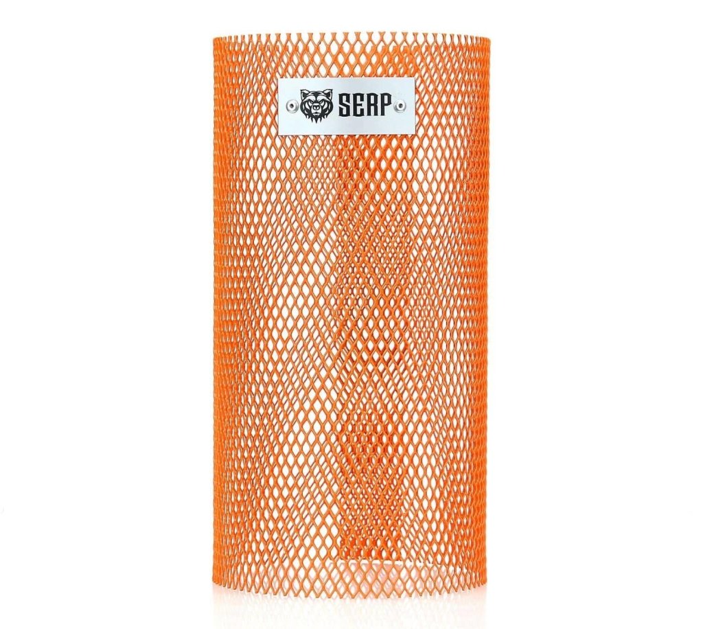 SERP shisha coal guard cage in bright orange metal mesh with the SERP name plate, front view, image 2 of 2