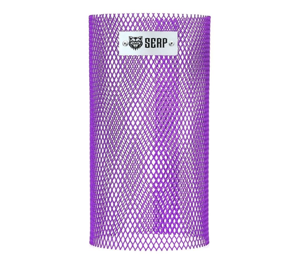 SERP shisha coal guard cage in purple metal mesh with the SERP name plate, front view, image 2 of 2