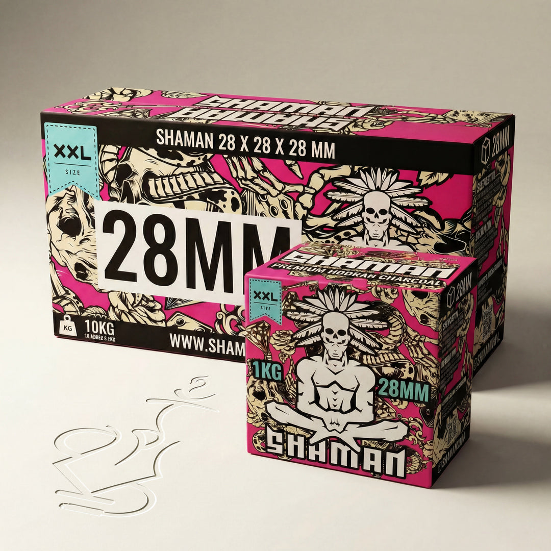 Shaman 28mm coconut shisha charcoal 10kg master case alongside 1kg box showing size comparison between both packaging options on warm white studio background