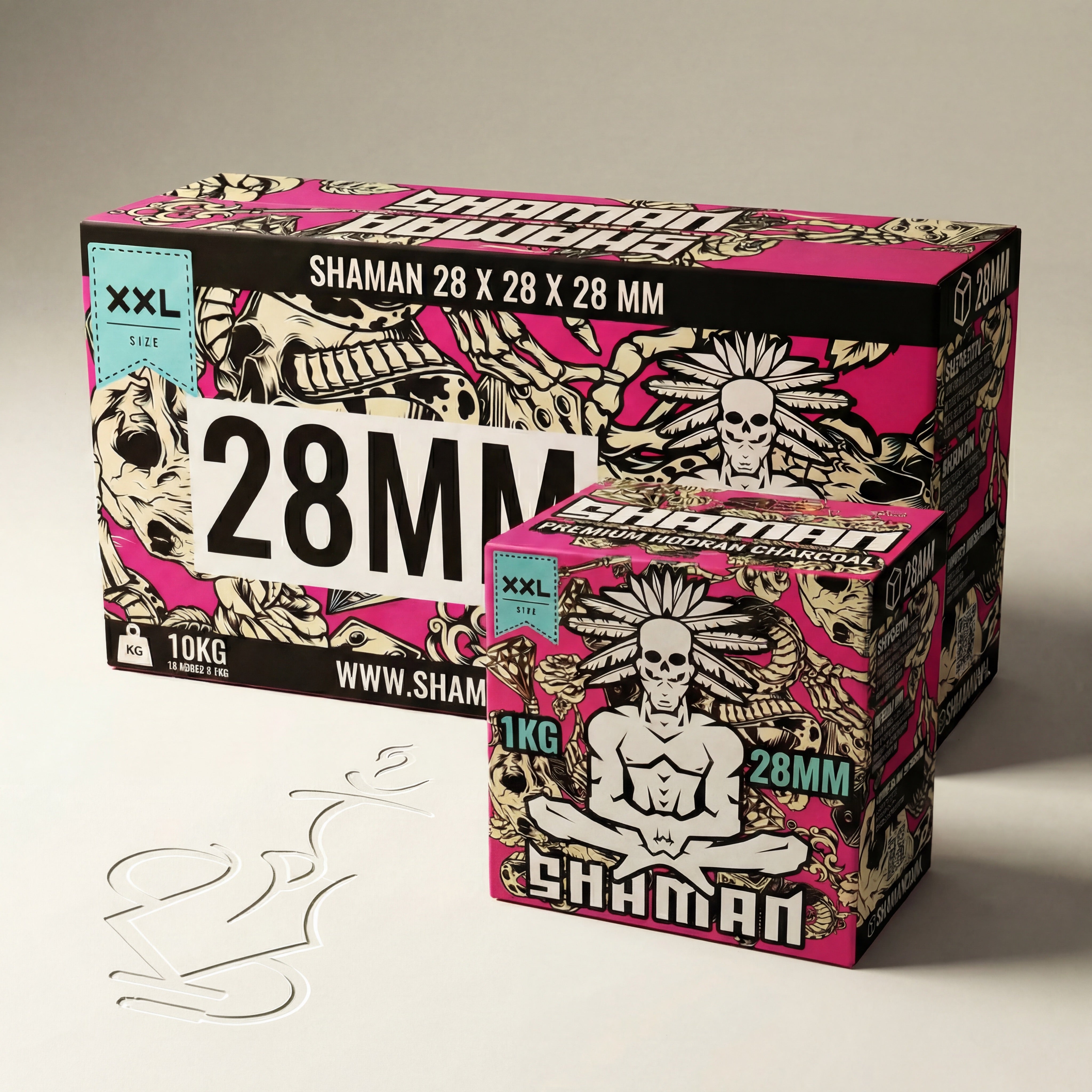 Shaman 28mm coconut shisha charcoal 10kg master case alongside 1kg box showing size comparison between both packaging options on warm white studio background