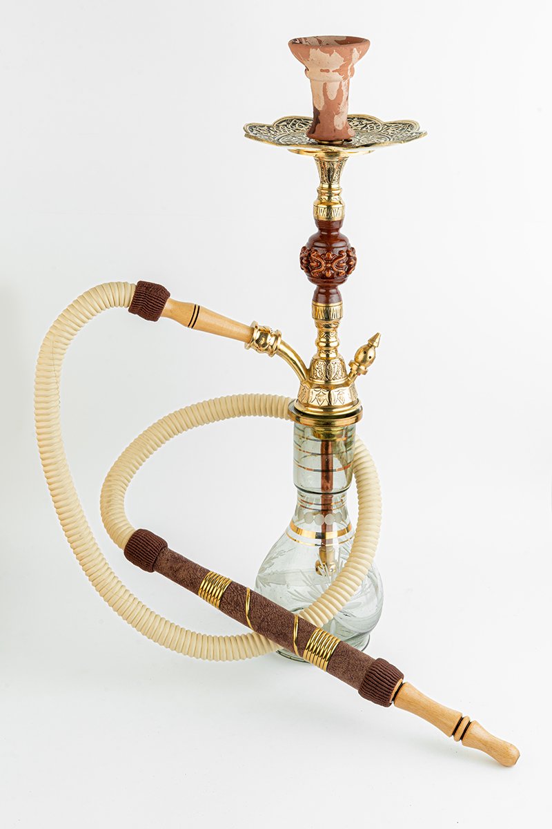 Shika Amazonia Brass and Wood Shisha Pipe, full set with glass base, hose and bowl, on white