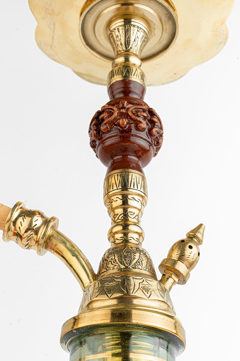 Shika Amazonia Brass and Wood Shisha Pipe, upper stem and tray, hand engraved brass