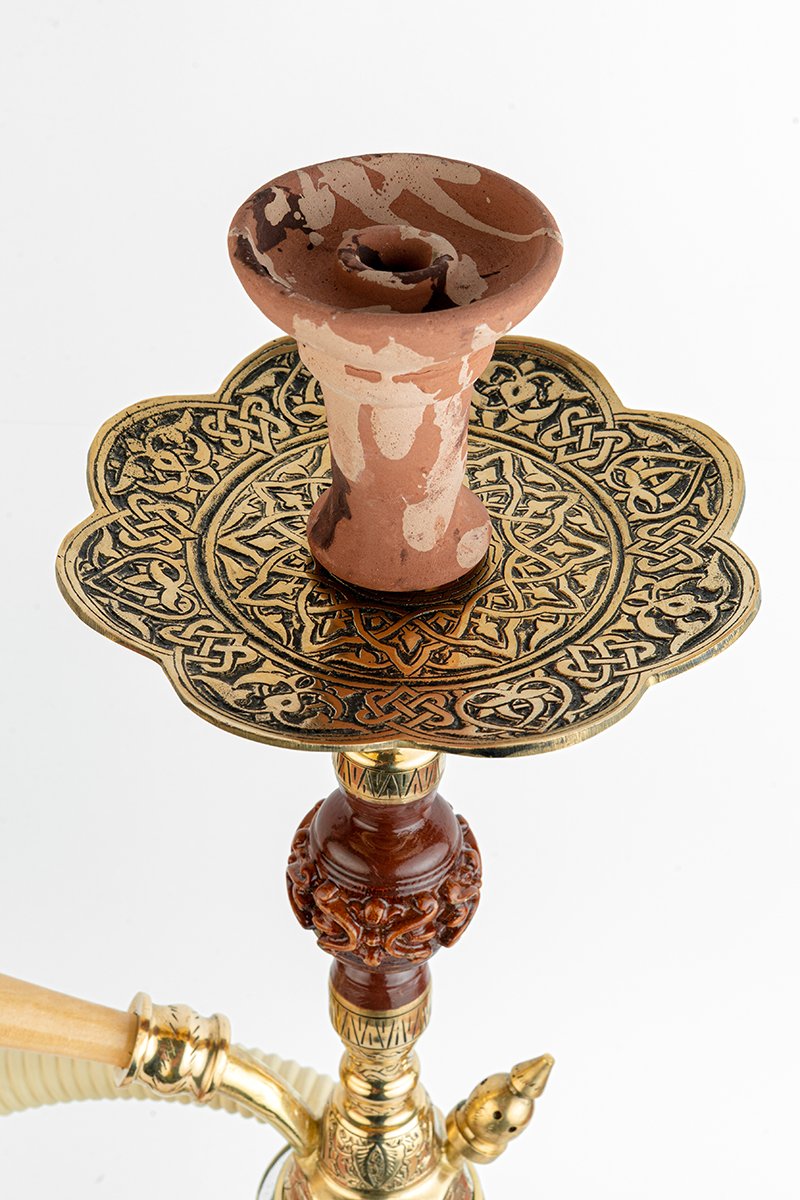 Shika Amazonia Brass and Wood Shisha Pipe, Oblivion clay bowl on the engraved tray, from above