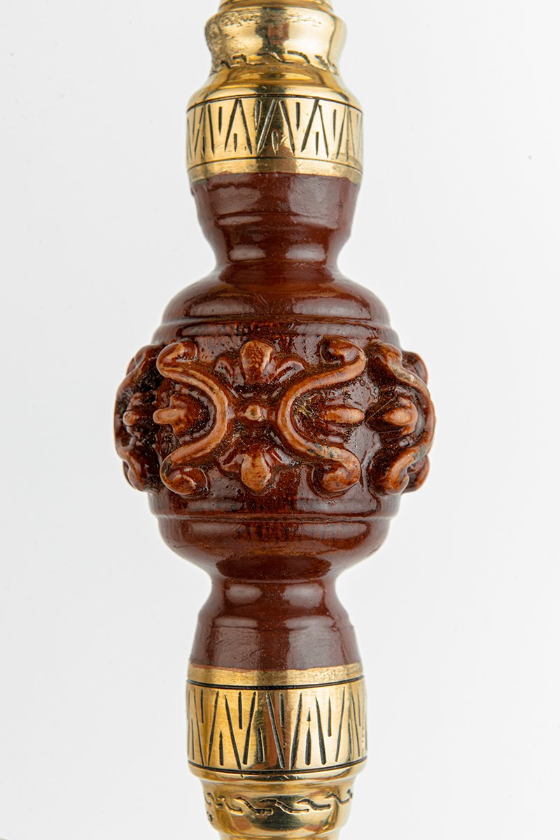 Shika Amazonia Brass and Wood Shisha Pipe, stem engraving, close