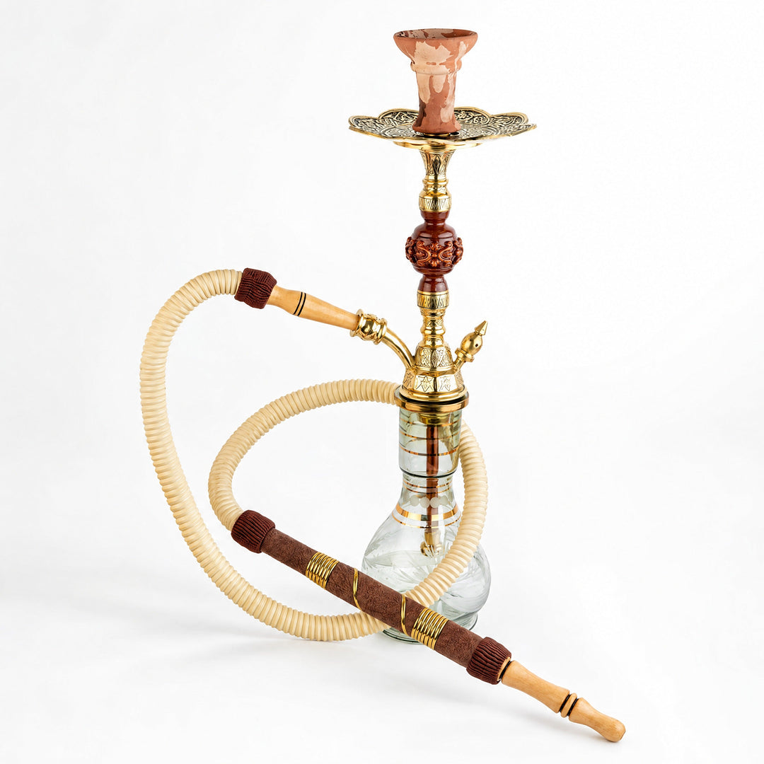 Shika Amazonia Brass and Wood Shisha Pipe, full set with glass base, hose and bowl, studio shot