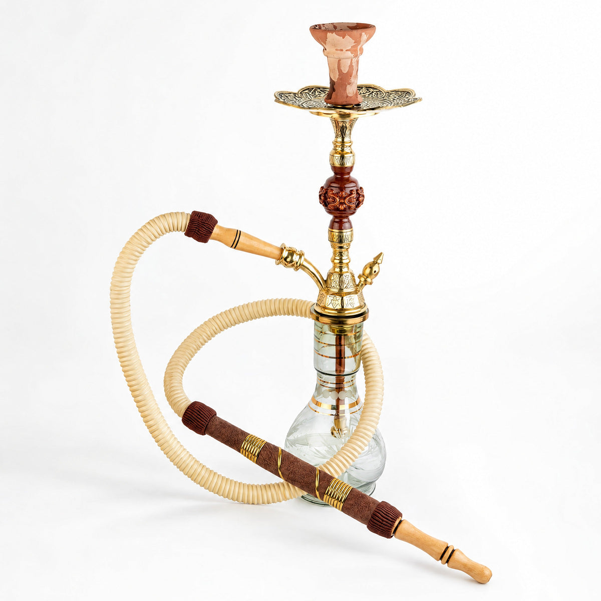 Shika Amazonia Brass and Wood Shisha Pipe, full set with glass base, hose and bowl, studio shot