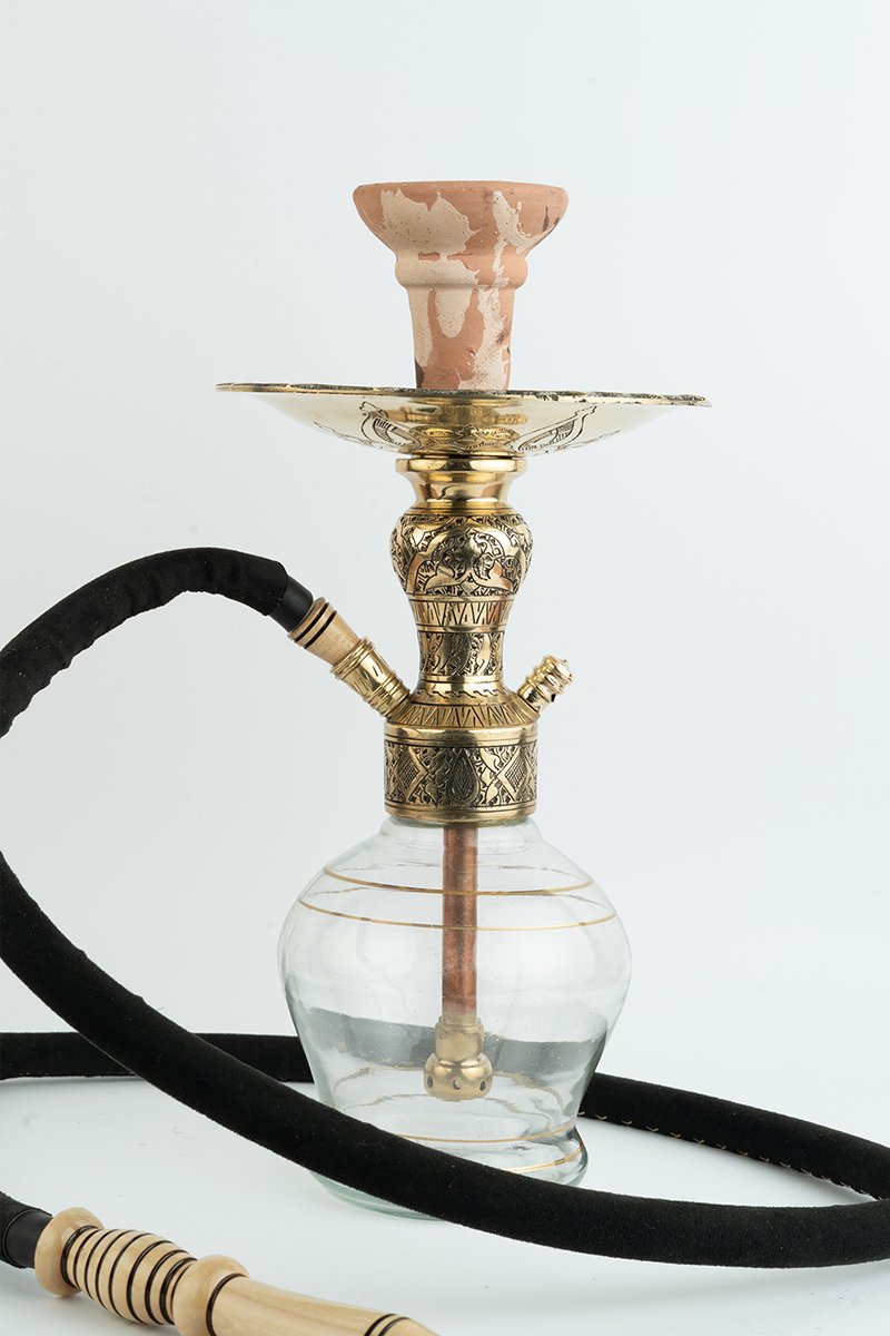 Shika Arya Tabletop Brass Shisha Pipe, full set with glass base, hose and bowl, on white