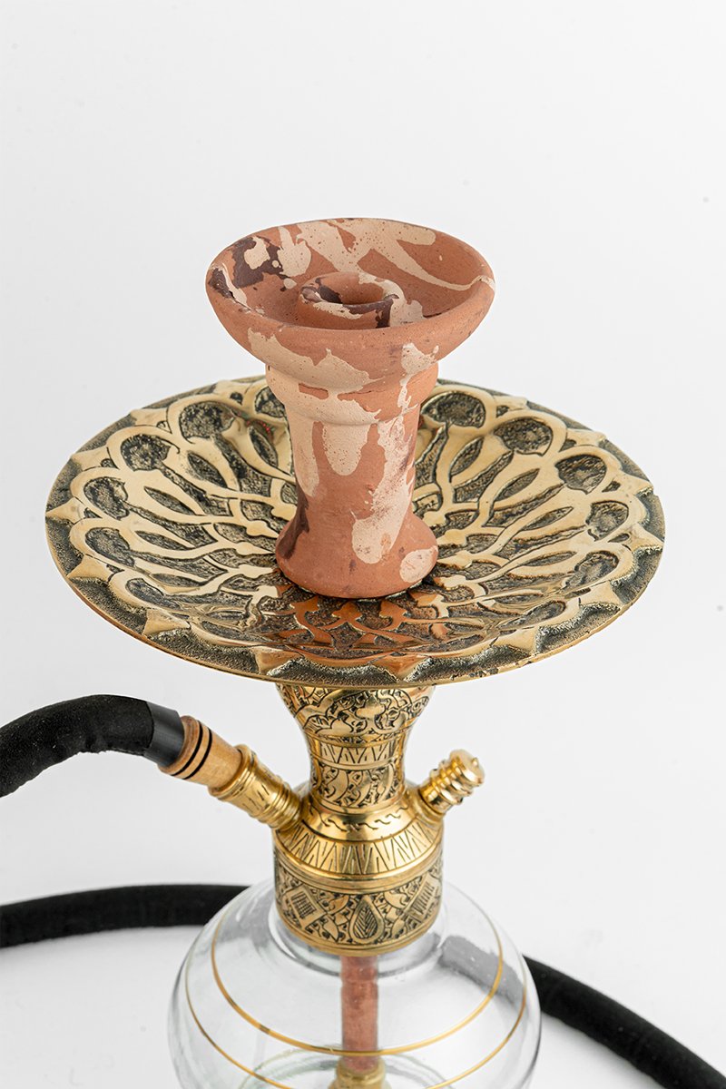 Shika Arya Tabletop Brass Shisha Pipe, upper stem and tray, hand engraved brass