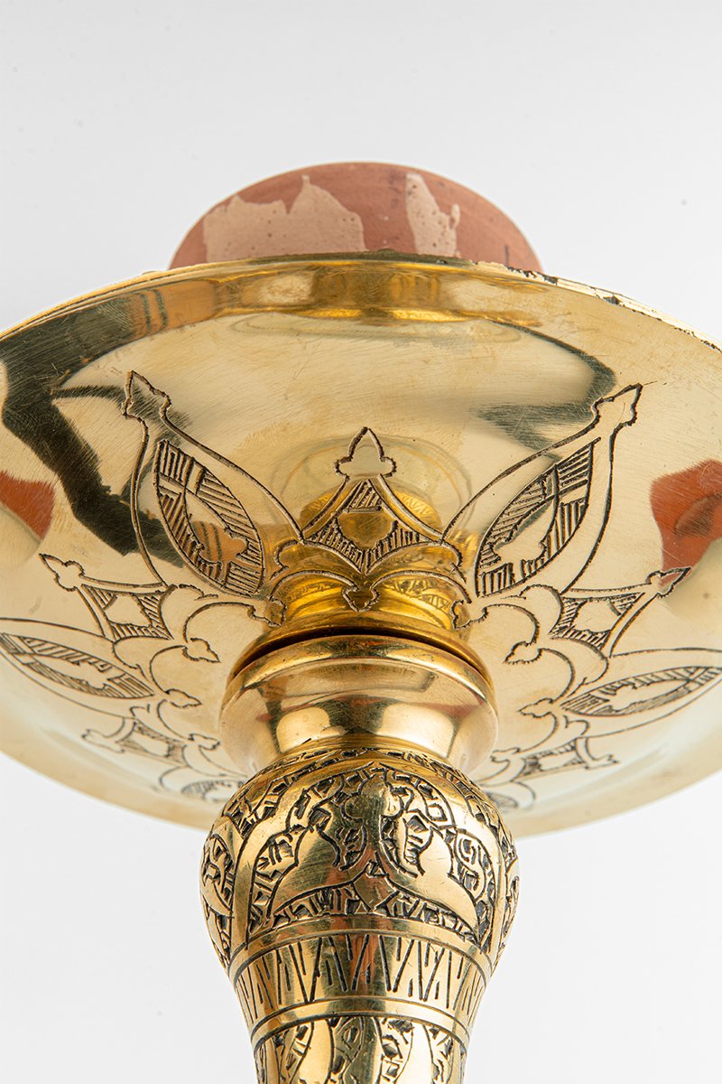 Shika Arya Tabletop Brass Shisha Pipe, stem engraving detail