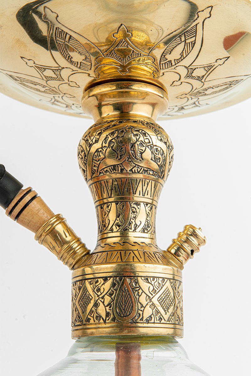 Shika Arya Tabletop Brass Shisha Pipe, stem engraving, close