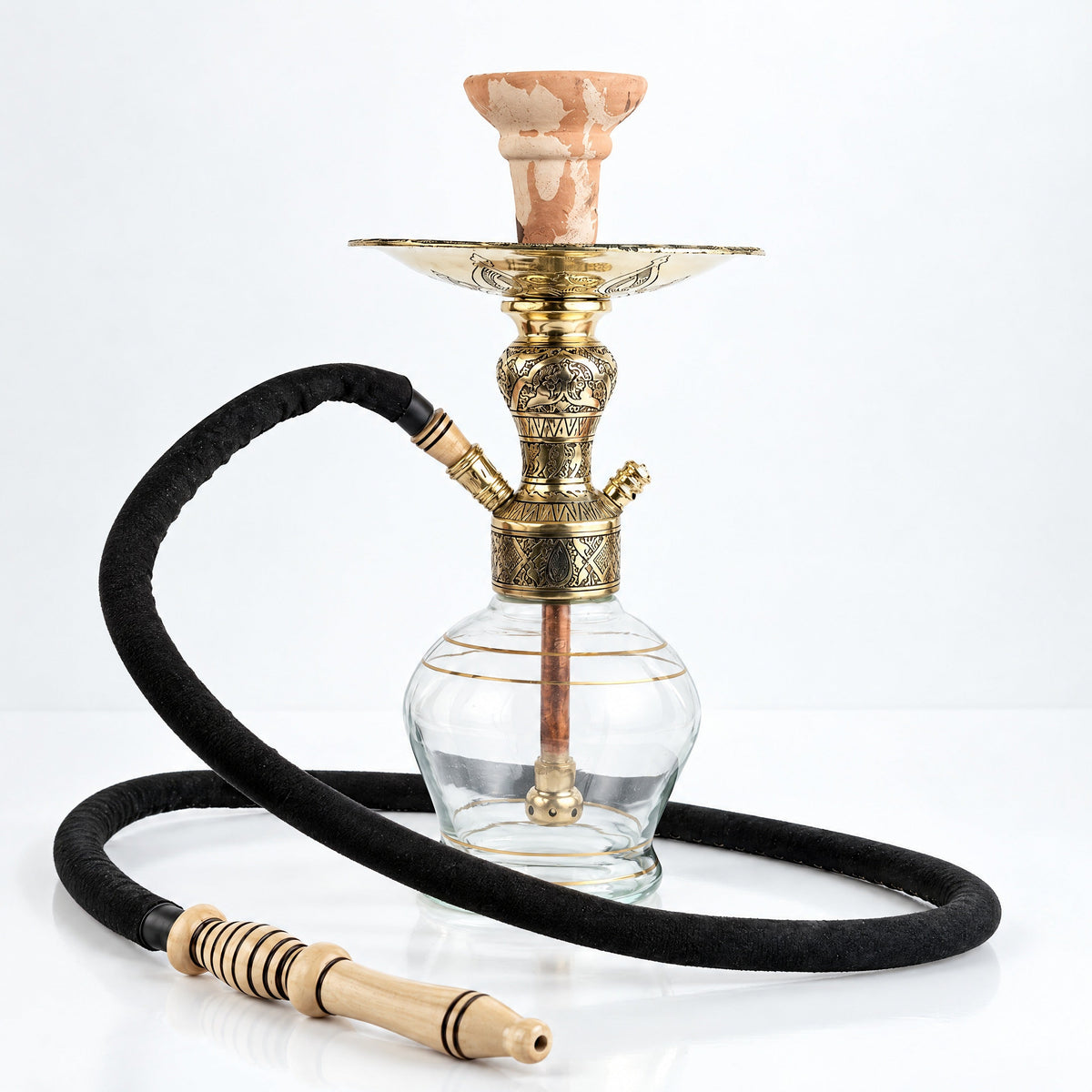 Shika Arya Tabletop Brass Shisha Pipe, full set with glass base, hose and bowl, studio shot