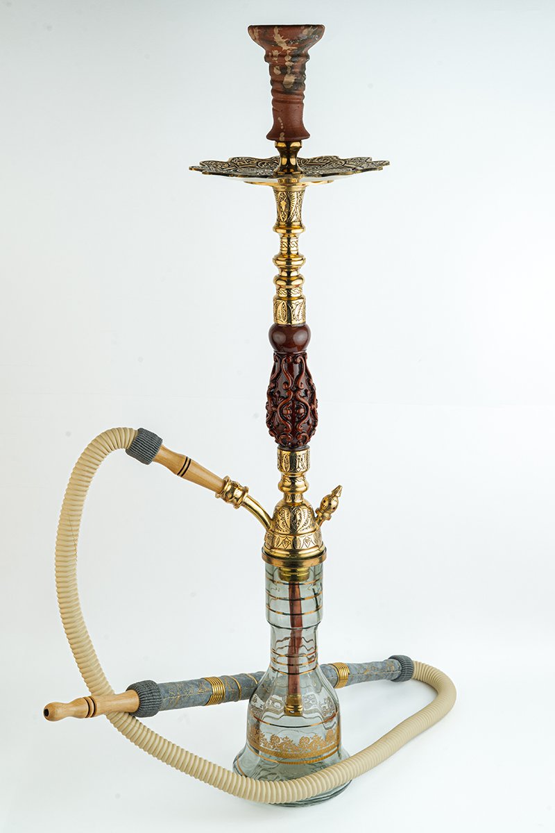 Shika Avatar Brass and Wood Shisha Pipe, full set with glass base, hose and bowl, on white