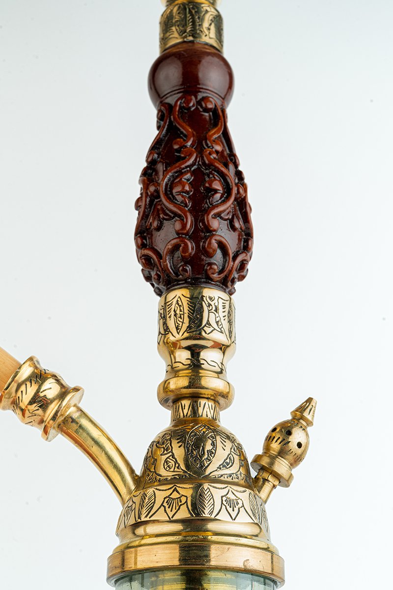 Shika Avatar Brass and Wood Shisha Pipe, upper stem and tray, hand engraved brass