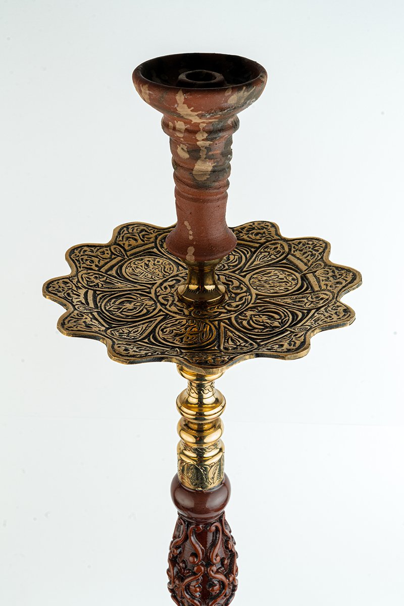 Shika Avatar Brass and Wood Shisha Pipe, Oblivion clay bowl on the engraved tray, from above