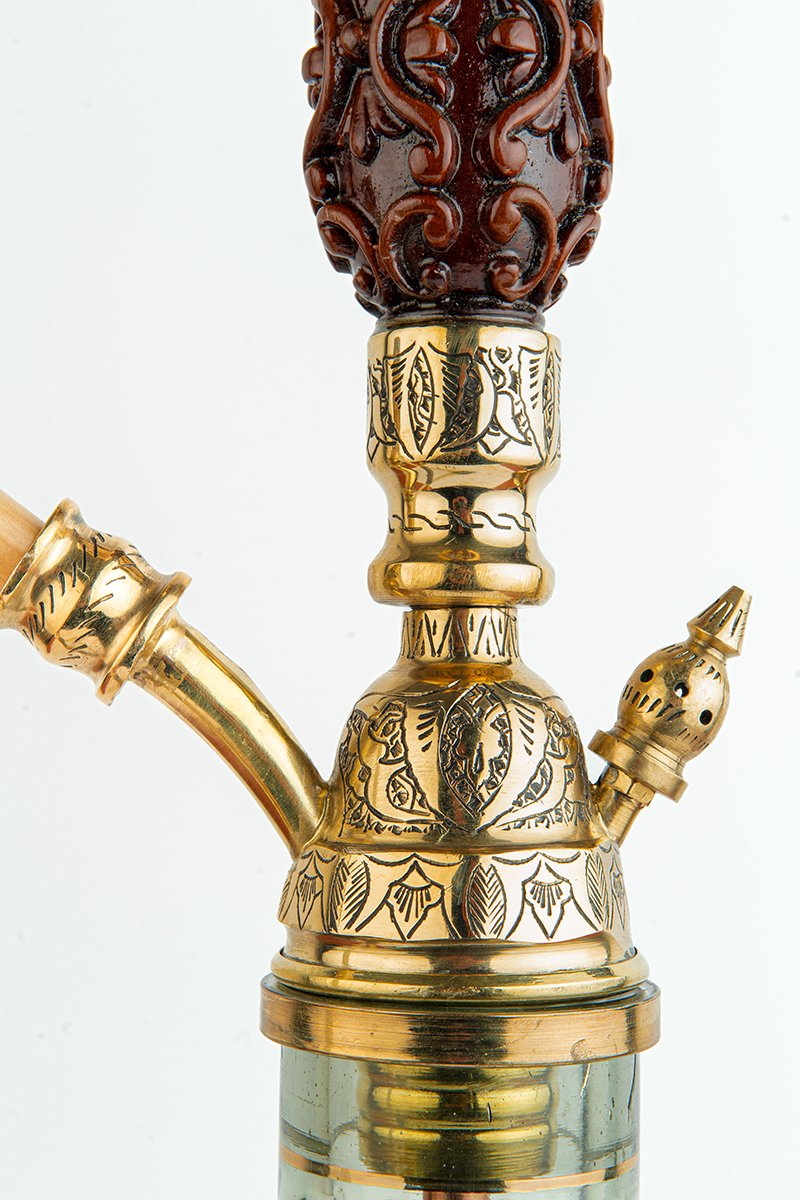 Shika Avatar Brass and Wood Shisha Pipe, lower stem and base neck detail