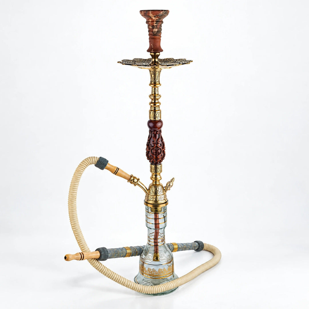 Shika Avatar Brass and Wood Shisha Pipe, full set with glass base, hose and bowl, studio shot