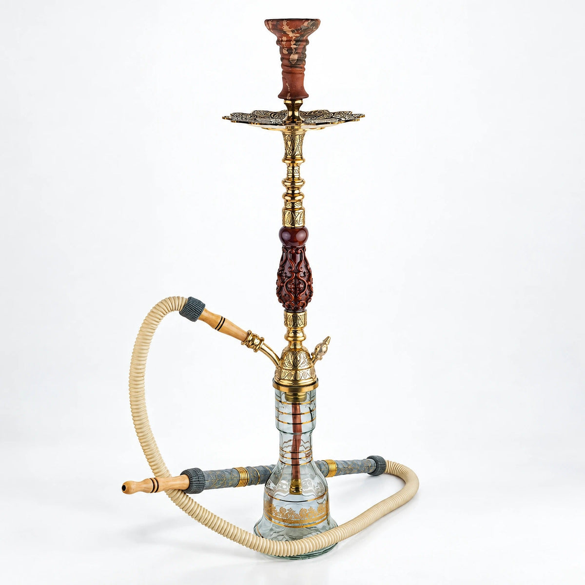 Shika Avatar Brass and Wood Shisha Pipe, full set with glass base, hose and bowl, studio shot