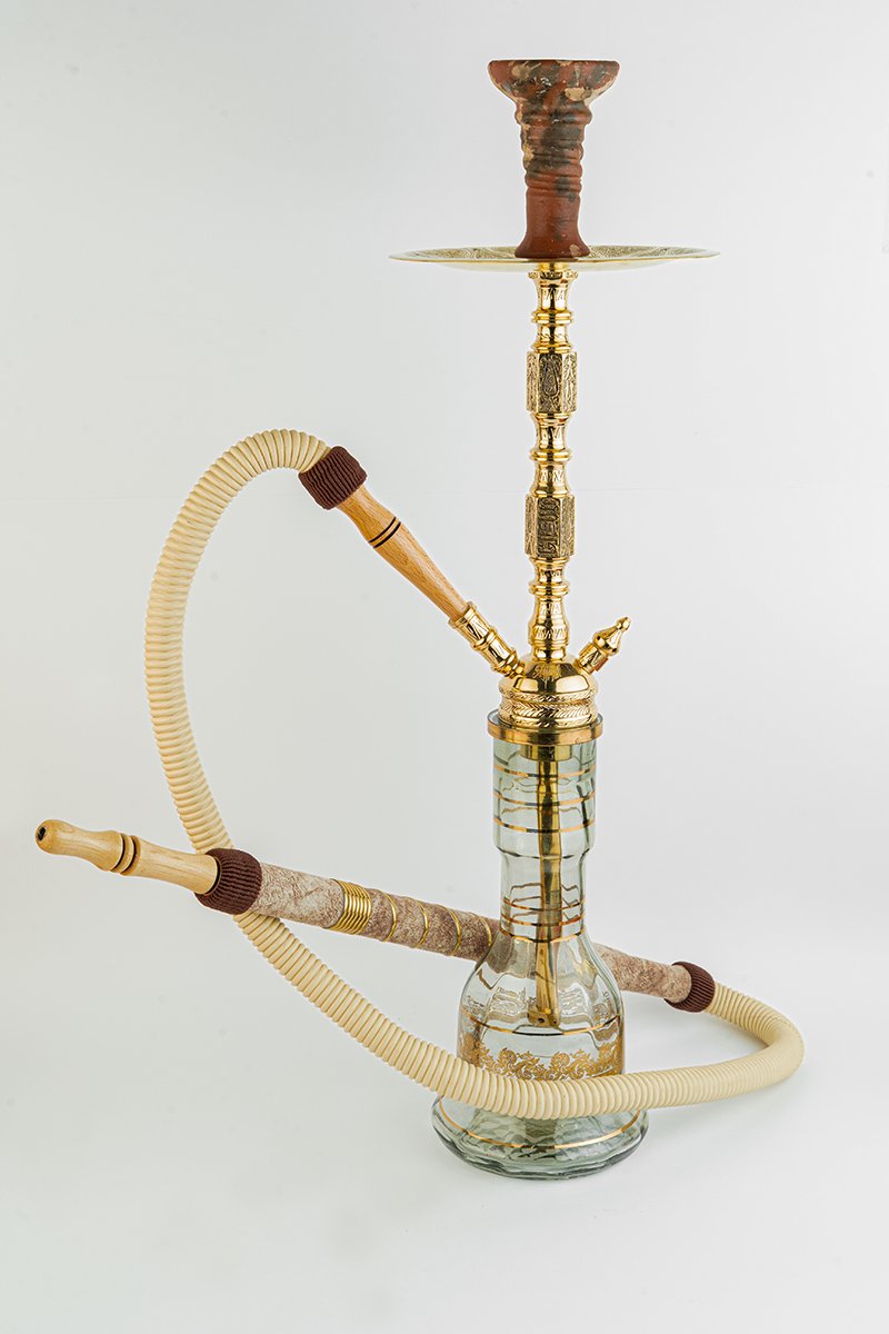 Shika Camersi CNC Brass Shisha Pipe, shown with a glass base and hose, both sold separately, on white