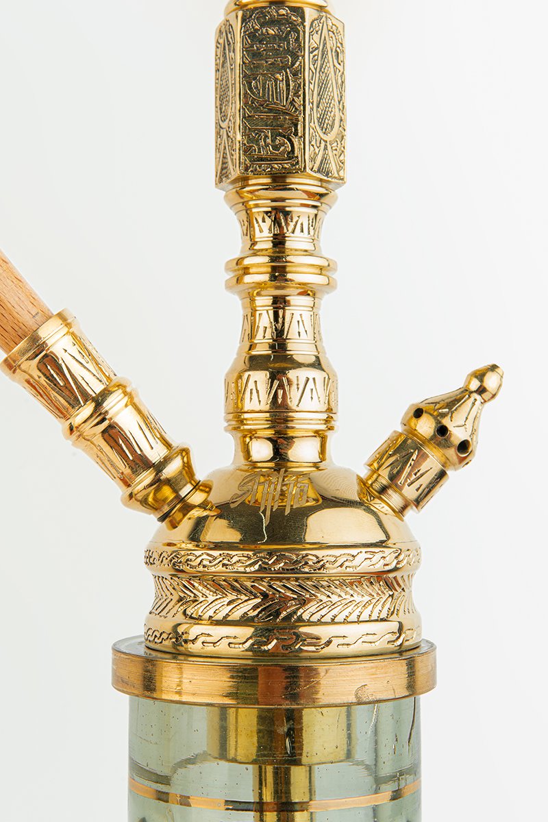 Shika Camersi CNC Brass Shisha Pipe, Oblivion clay bowl on the engraved tray, from above