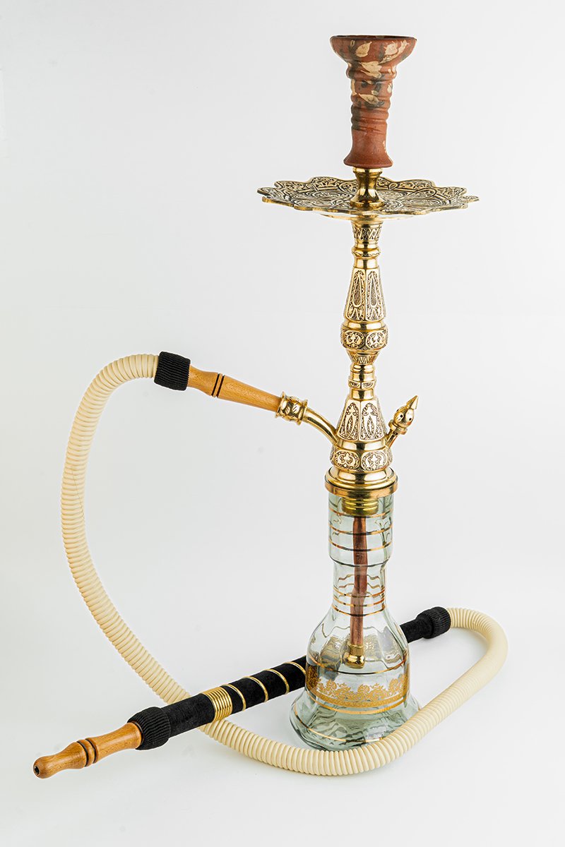 Shika Drakon Egyptian Brass Shisha Pipe, full set with glass base, hose and bowl, on white