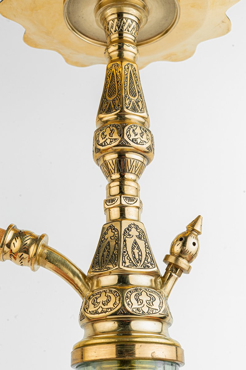 Shika Drakon Egyptian Brass Shisha Pipe, upper stem and tray, hand engraved brass