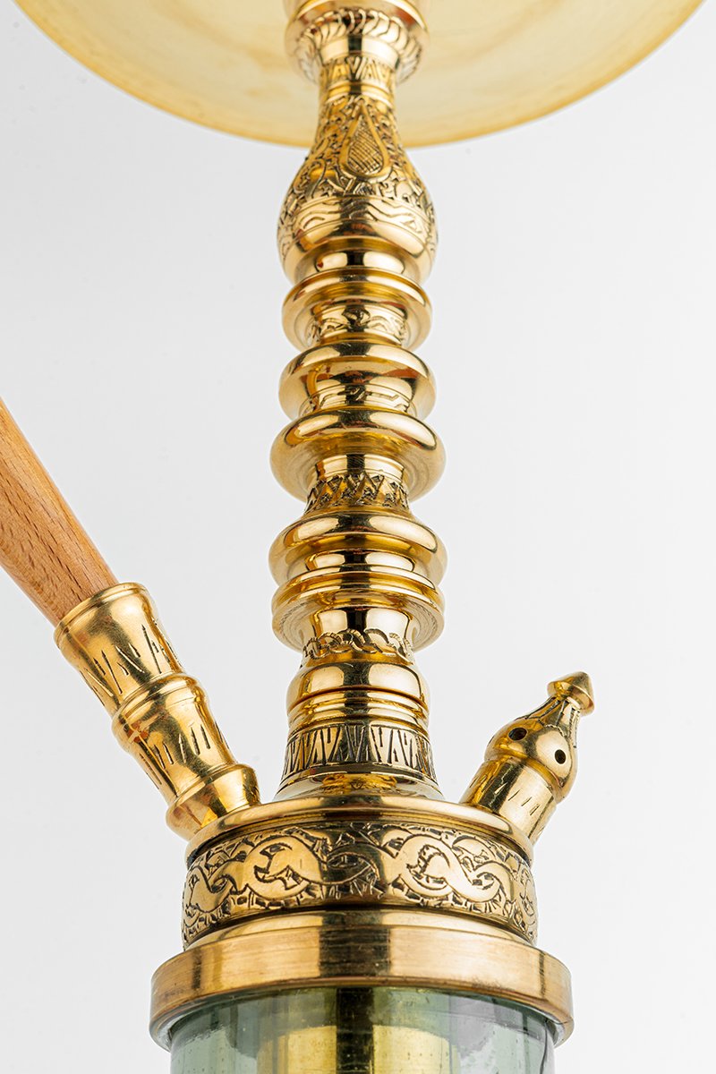 Shika Elwel CNC Brass Shisha Pipe, Oblivion clay bowl on the engraved tray, from above