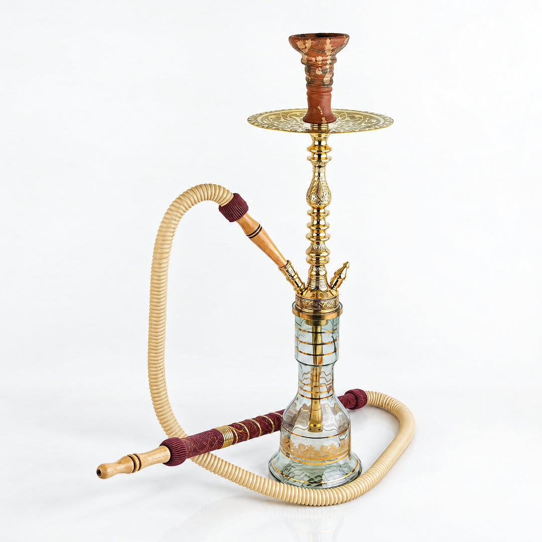 Shika Elwel CNC Brass Shisha Pipe, shown with a glass base and hose, both sold separately, studio shot