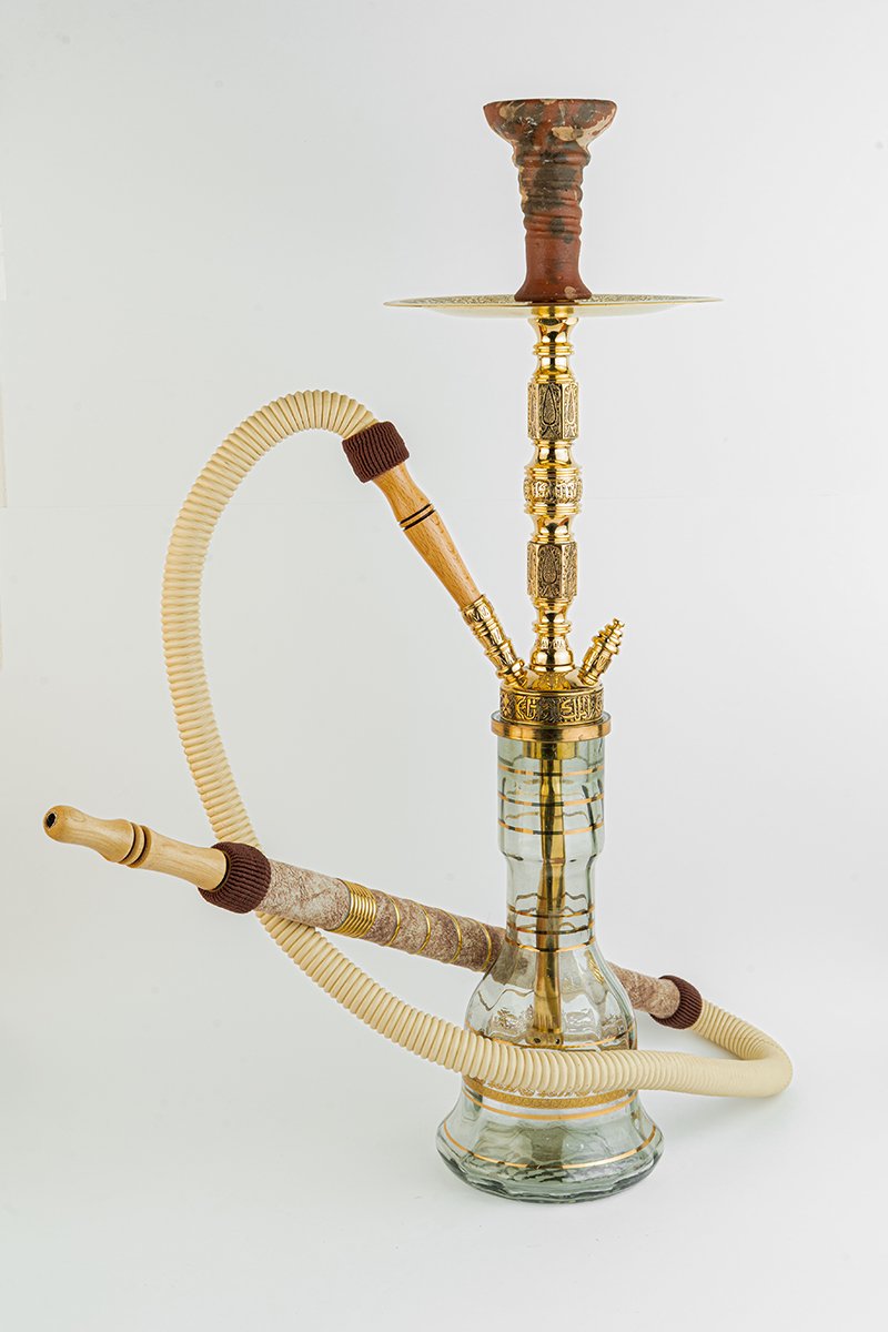 Shika Granada Imperial CNC Brass Shisha Pipe, shown with a glass base and hose, both sold separately, on white