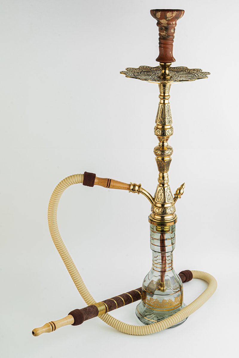 Shika Imperador Egyptian Brass Shisha Pipe, full set with glass base, hose and bowl, on white