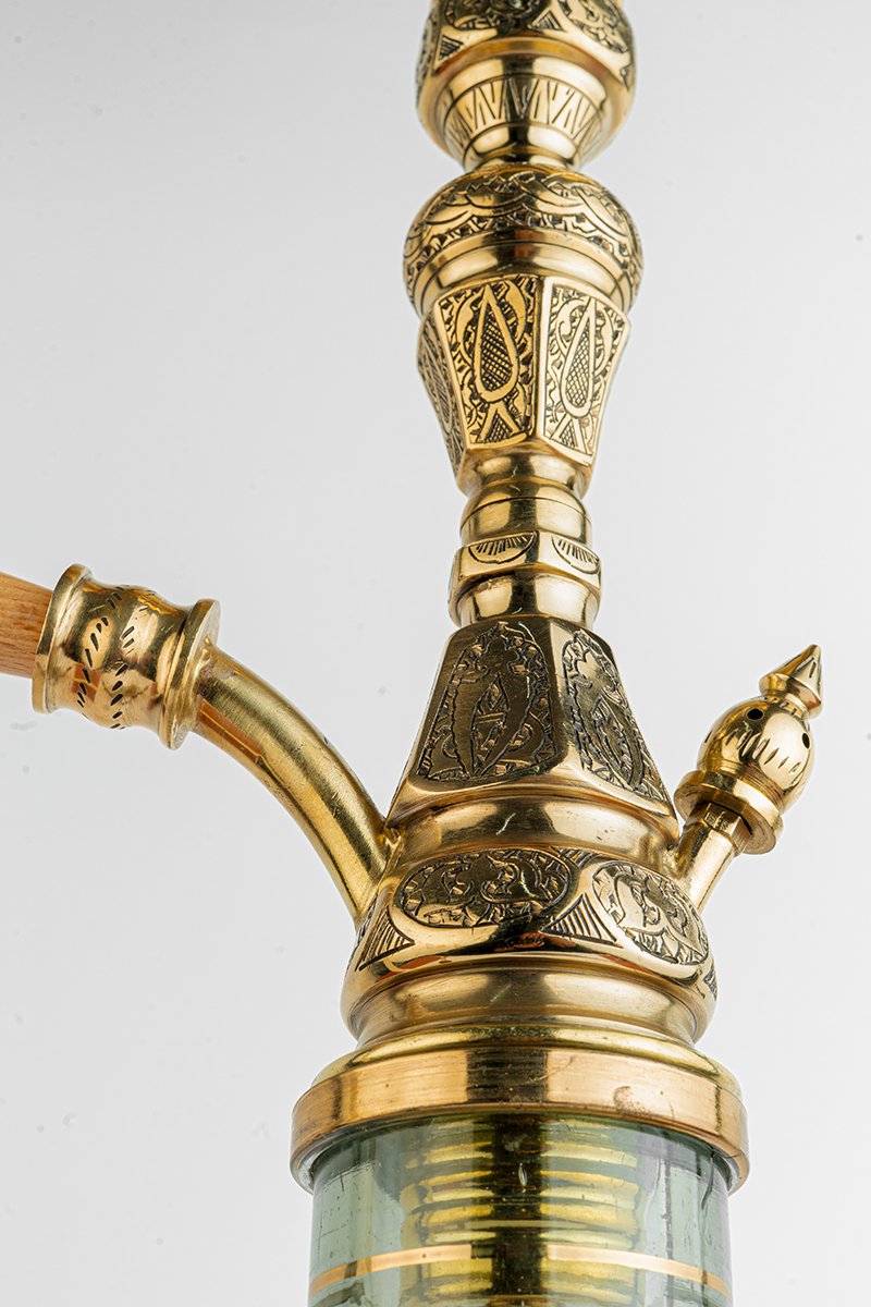 Shika Imperador Egyptian Brass Shisha Pipe, upper stem and tray, hand engraved brass