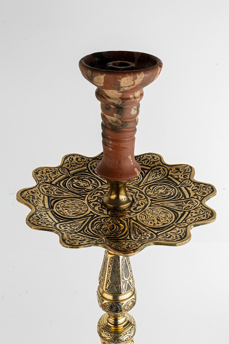 Shika Imperador Egyptian Brass Shisha Pipe, Oblivion clay bowl on the engraved tray, from above