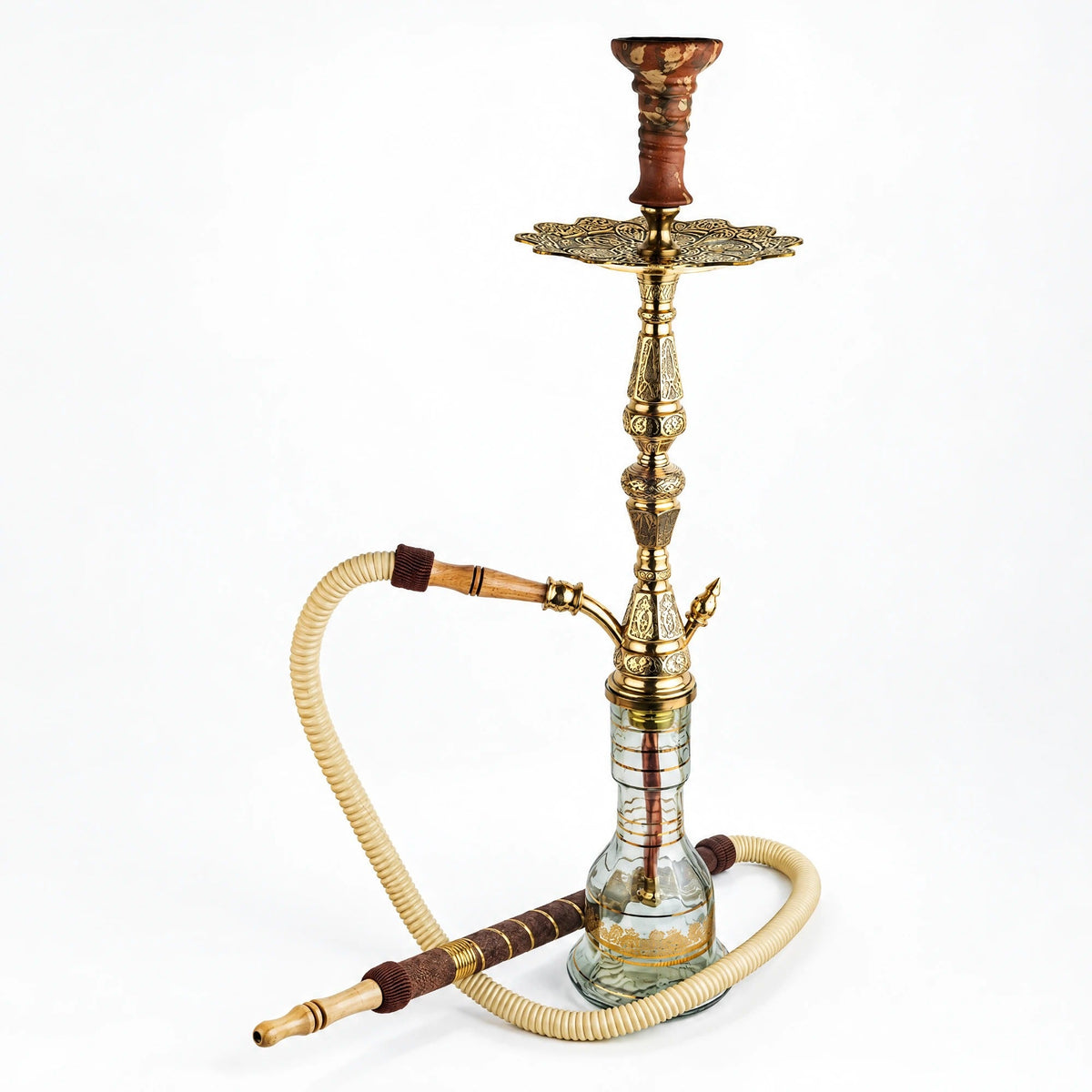 Shika Imperador Egyptian Brass Shisha Pipe, full set with glass base, hose and bowl, studio shot