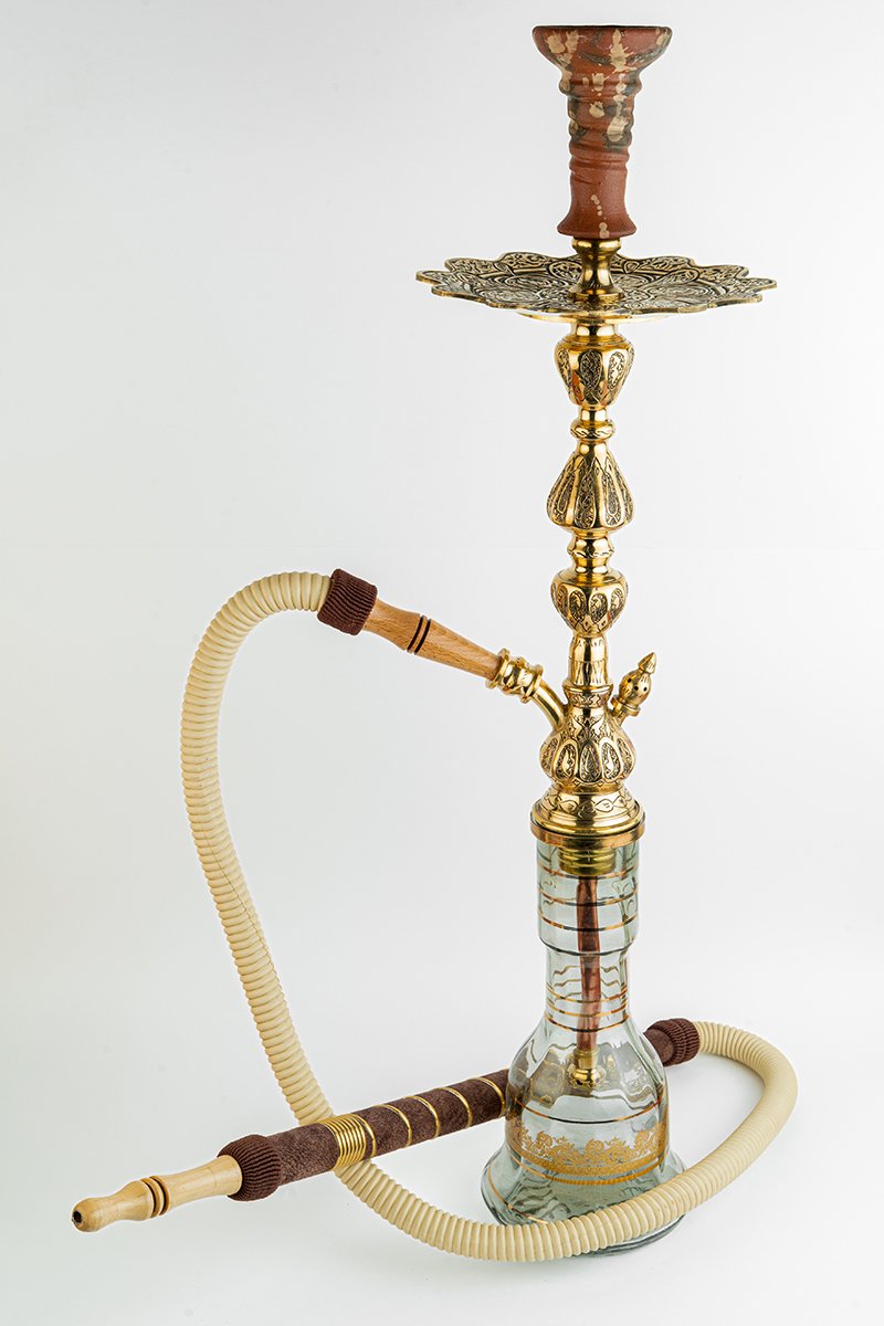 Shika Iowaska Egyptian Brass Shisha Pipe, full set with glass base, hose and bowl, on white