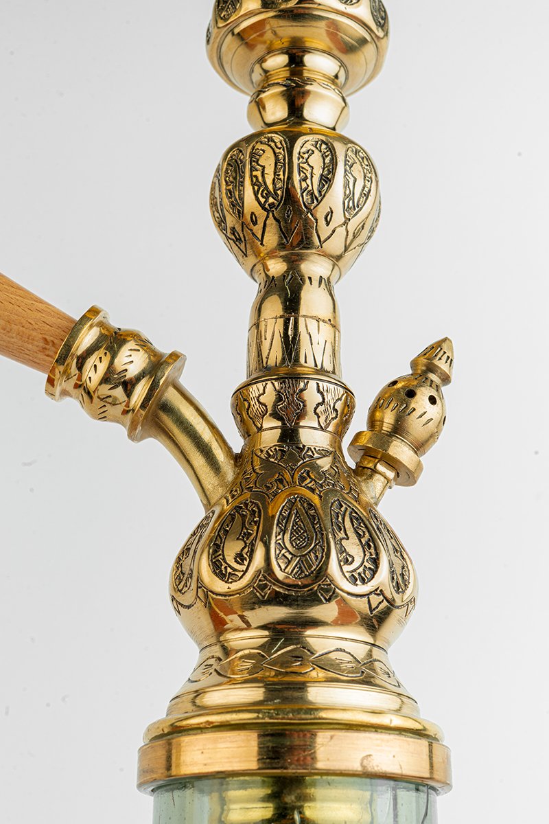 Shika Iowaska Egyptian Brass Shisha Pipe, upper stem and tray, hand engraved brass