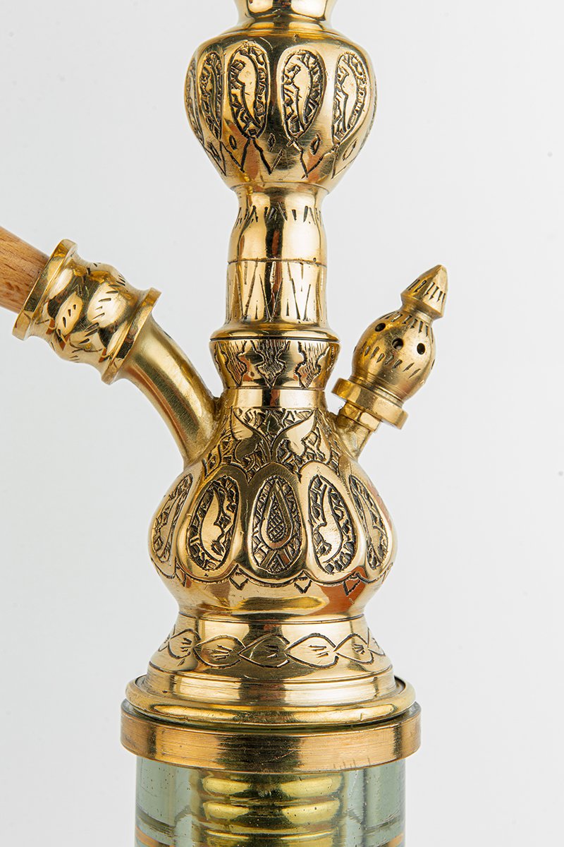 Shika Iowaska Egyptian Brass Shisha Pipe, stem engraving, close