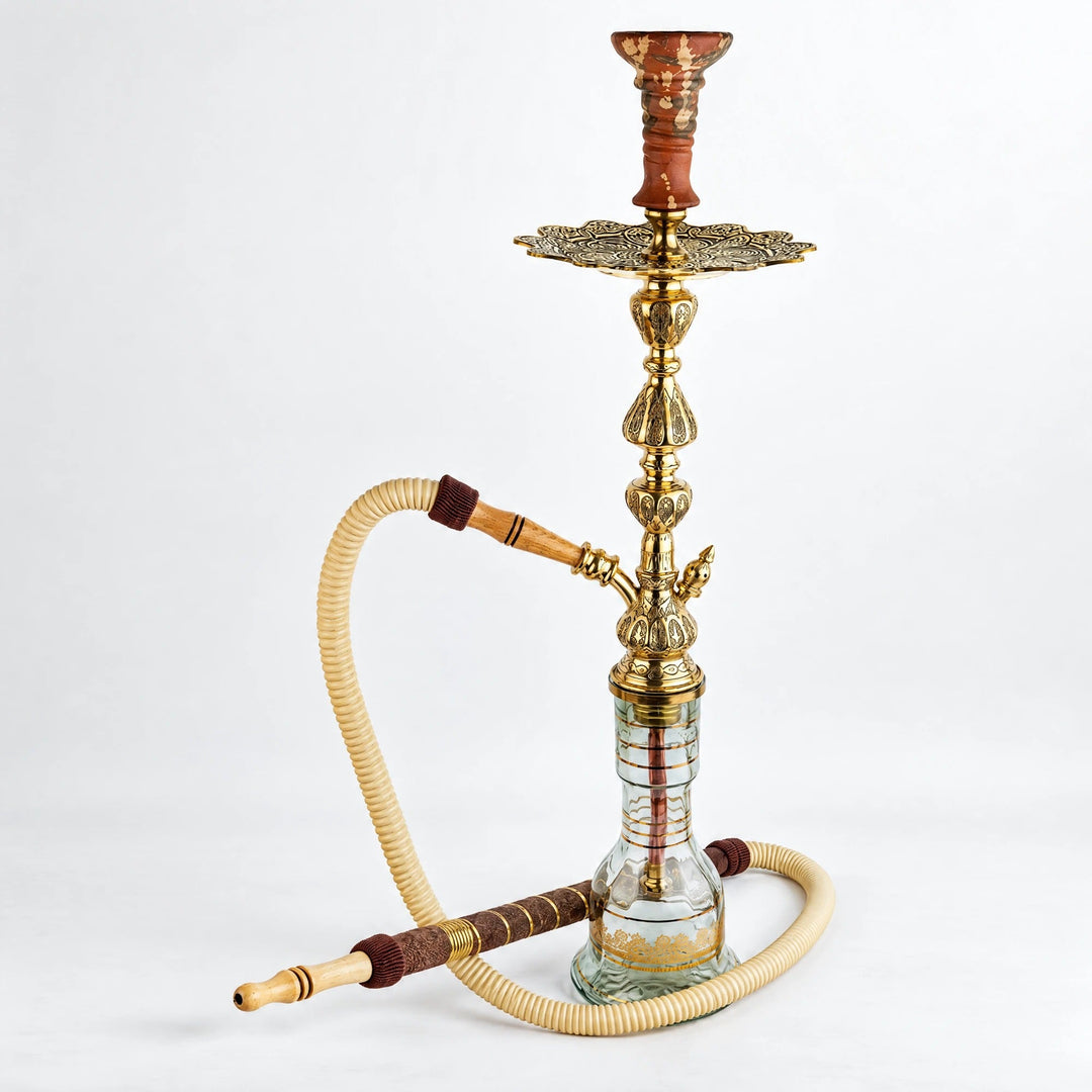 Shika Iowaska Egyptian Brass Shisha Pipe, full set with glass base, hose and bowl, studio shot