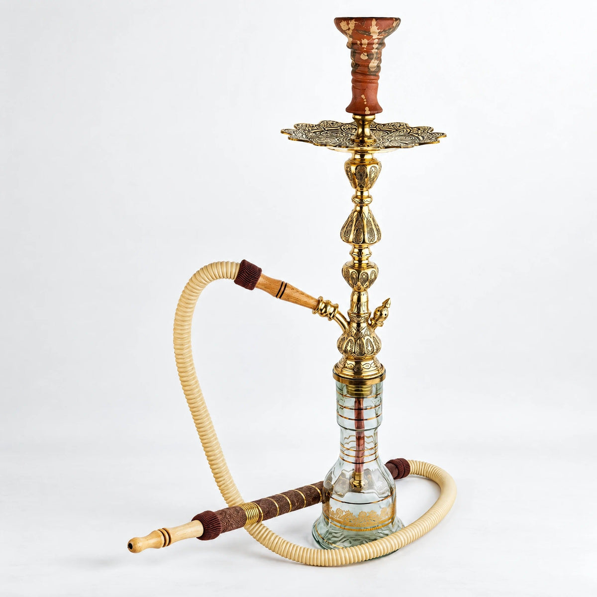 Shika Iowaska Egyptian Brass Shisha Pipe, full set with glass base, hose and bowl, studio shot