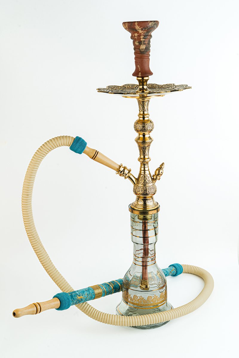 Shika Legend Egyptian Brass Shisha Pipe, full set with glass base, hose and bowl, on white