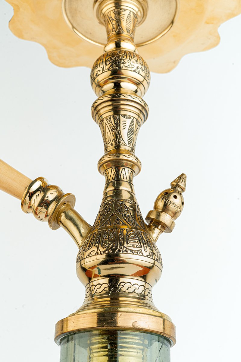 Shika Legend Egyptian Brass Shisha Pipe, upper stem and tray, hand engraved brass