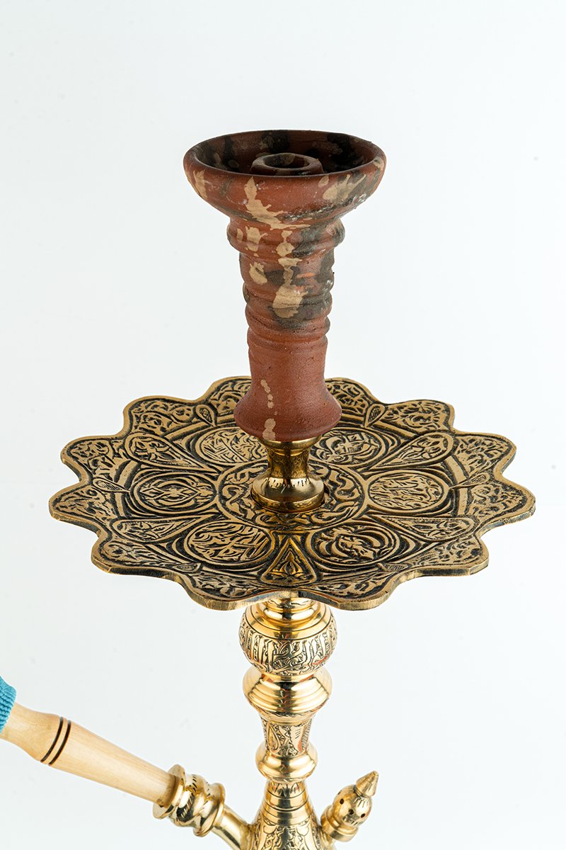 Shika Legend Egyptian Brass Shisha Pipe, Oblivion clay bowl on the engraved tray, from above