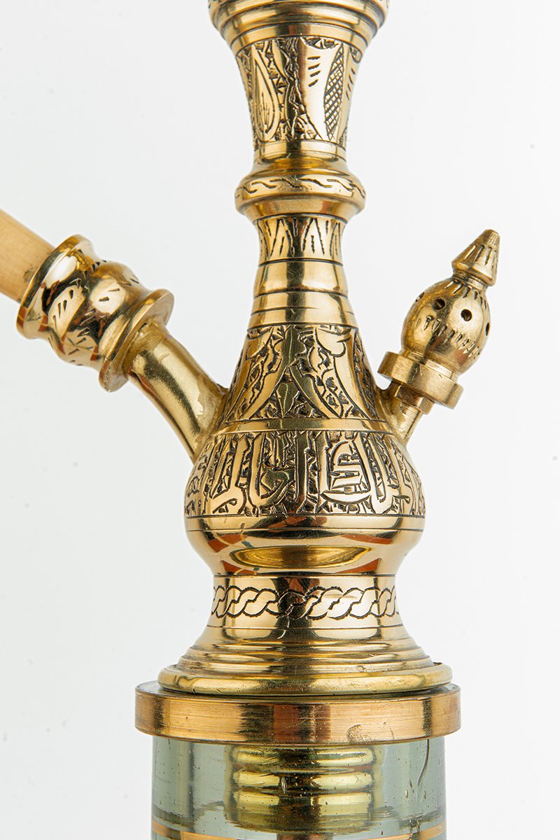 Shika Legend Egyptian Brass Shisha Pipe, stem engraving, close