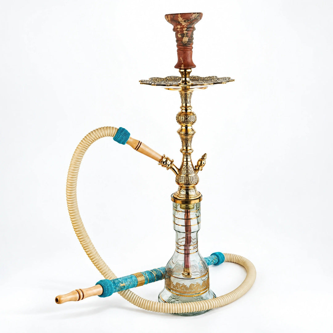 Shika Legend Egyptian Brass Shisha Pipe, full set with glass base, hose and bowl, studio shot