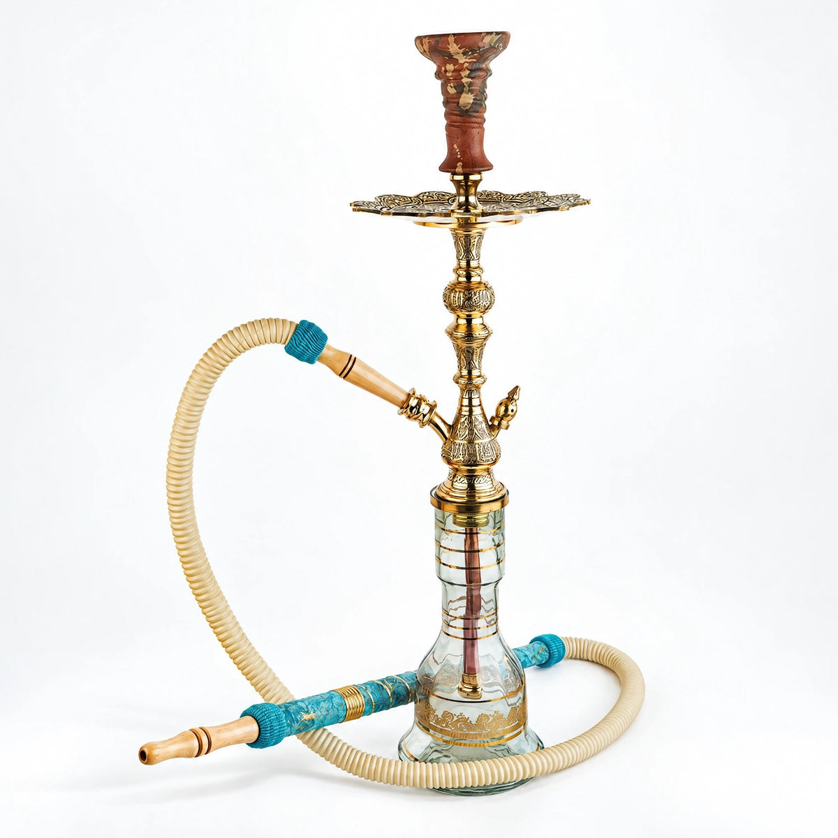 Shika Legend Egyptian Brass Shisha Pipe, full set with glass base, hose and bowl, studio shot