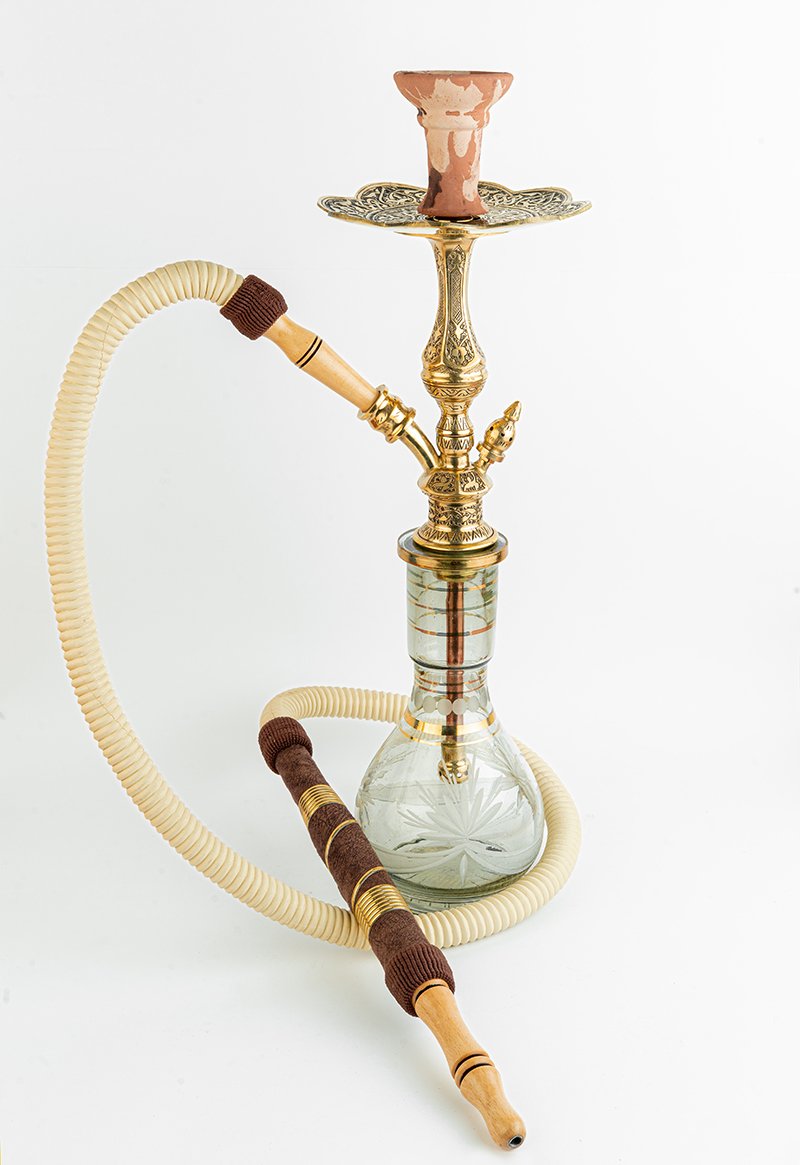 Shika Mini Tryon Brass Shisha Pipe, full set with glass base, hose and bowl, on white