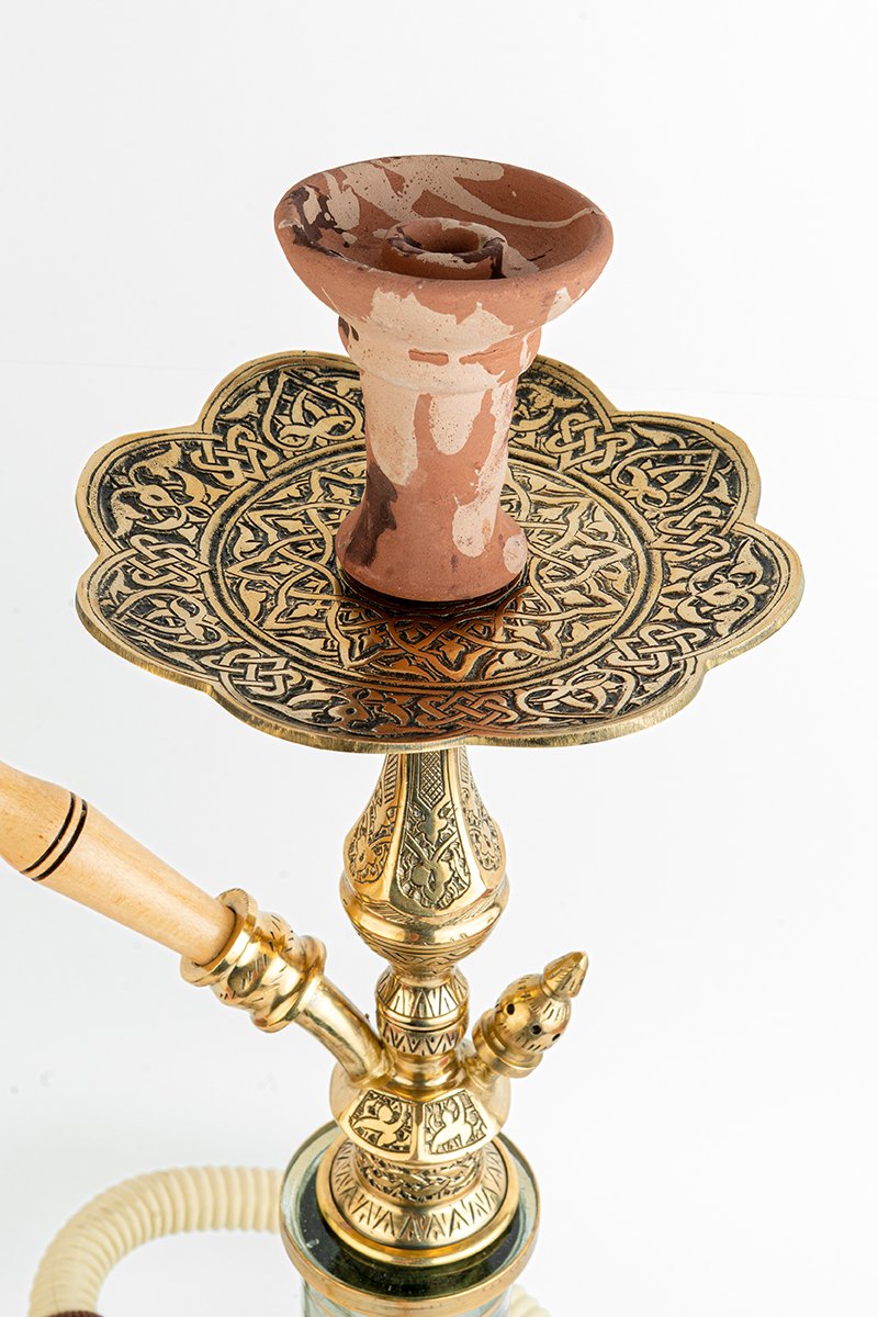 Shika Mini Tryon Brass Shisha Pipe, upper stem and tray, hand engraved brass