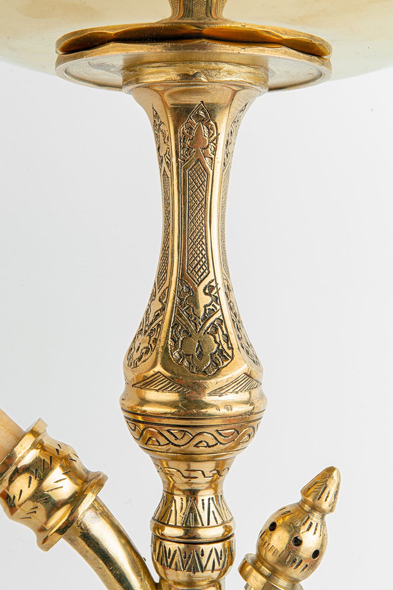 Shika Mini Tryon Brass Shisha Pipe, stem engraving, close
